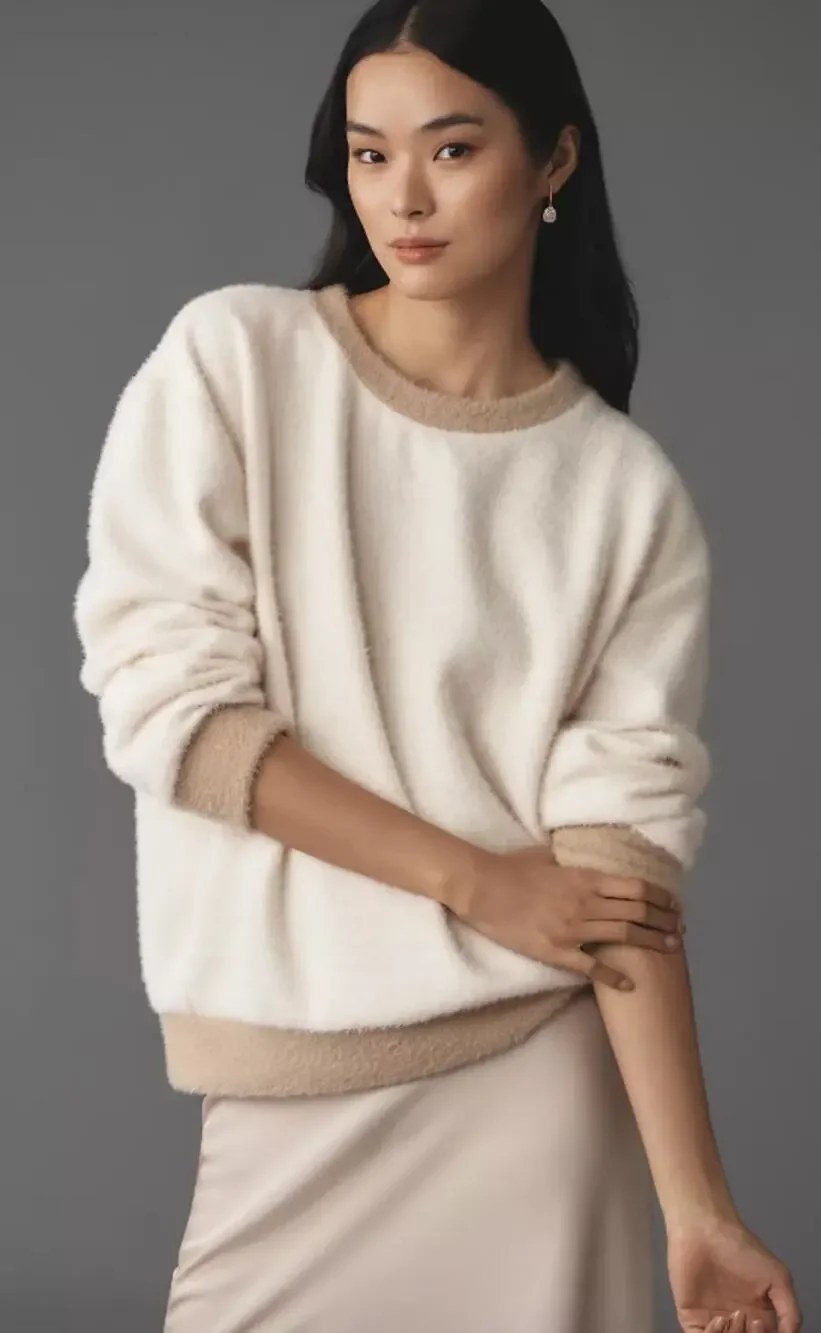 Maeve Anthropologie Cozy Ringer Oversized Sweater Fuzzy Cozy NWOT Small Medium